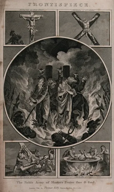 Frontispiece for Fox's Book of Martyrs, showing the martyrdom of Jesus Christ, Saint Andrew, Saint Peter and Saint John