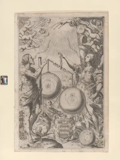 Frontispiece: mythological figures weigh astronomical theories, from "The New Almagest" (Almagestum Novum)