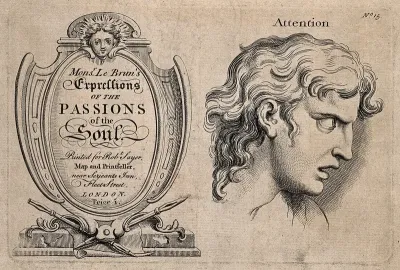 Frontispiece to an English edition of Charles Le Brun's 'Expressions of the passions of the soul' (left); a face expressing attention