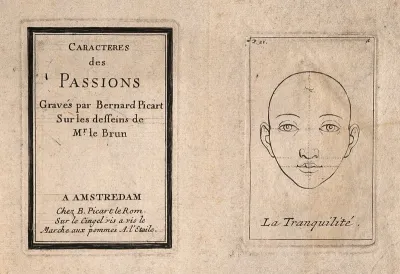 Frontispiece to Le Brun's 'Passions' (left) and a face expressing tranquillity (right)