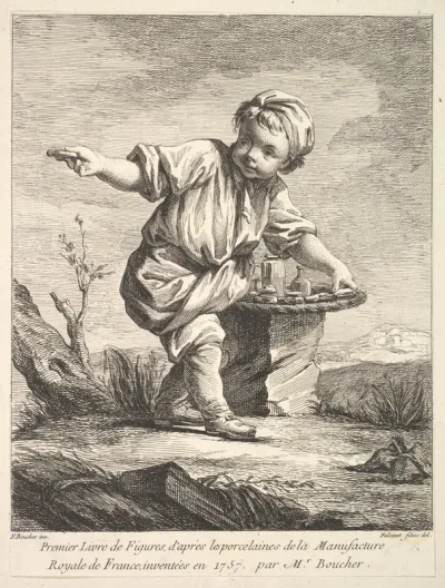 Frontispiece with litte boy holding a basket, from "Premier Livre de Figures d'après les porcelaines de la Manufacture Royale de France, inventées en 1757, par Mr. Boucher" (First Book of Figures after porcelains from the Manufacture Royale de France