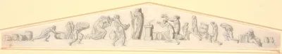 Frontongruppe med talrige figurer, der bringer frugter og varer hen mod et alter, ved hvis side der står en kvinde, symboliserende skibsfarten