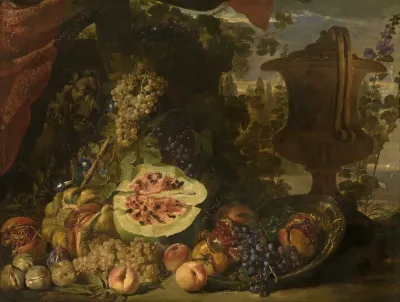 Fruit still life of pumpkin, melon, grapes, peaches and pomegranates; right a garden vase, left a sarcophagus