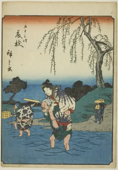 Fujieda, from the series "Fifty-three Stations [of the Tokaido] (Gojusan tsugi)," also known as the Figure Tokaido (Jinbutsu Tokaido)