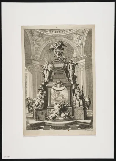 Funeral monument decorated with allegorical figures, an angel and death