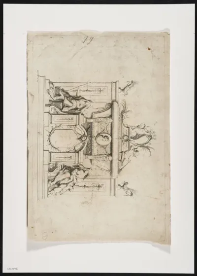 Funeral monument with 2 mourning figures, putti and masks.