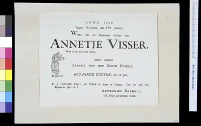 Funeral notice of Annetje Visser, woman with microcephaly