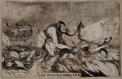 G.W. Wardle, an ape-like figure scavenging with a rake and a lantern, followed by pigs and ducks, stumbles across a decapitated corpse. Aquatint, 1811