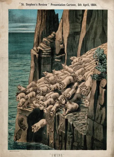 Gadarene swine throwing themselves off a cliff into water, representing the British Liberal Party