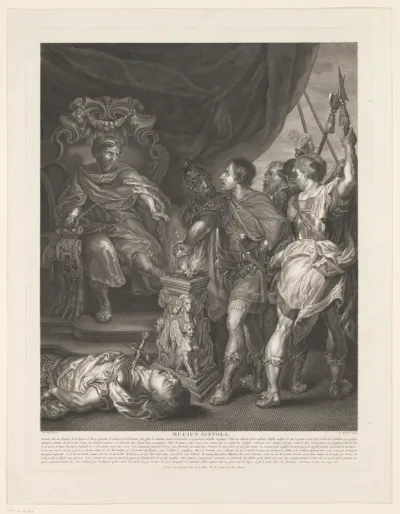 Gaius Mucius Scaevola houdt zijn hand boven een komfoor voor de Etruskische koning