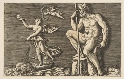 Galatea escaping Polyphemus; he is seated on a rock holding a staff and pipes and looking towards Galatea at right riding a shell pulled by two dolphins, Cupid flying above