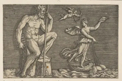 Galatea escaping Polyphemus; he is seated on a rock holding a staff and pipes and looking towards Galatea at right riding a shell pulled by two dolphins, Cupid flying above