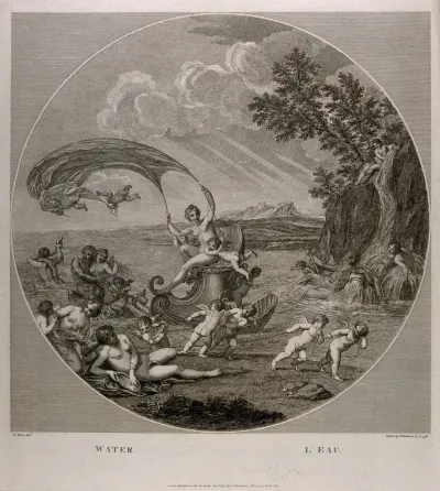 Galatea riding a scallop shell chariot over the seas accompanied by Neptune, nymphs and cherubs, symbolising the element water