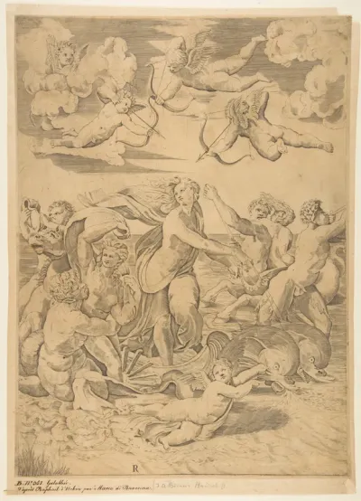 Galatea riding in a shell pulled through the water by dolphins, a cupid below and four more above, at left a triton embracing a nymph and behind them a man on horseback blowing a conch, at right a figure blowing a horn and  behind him a nymph riding 