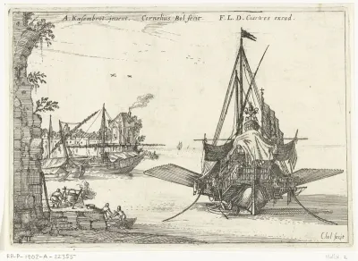Galei ligt voor anker in een baai