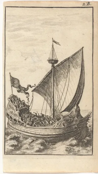 Galei met soldaten op zee
