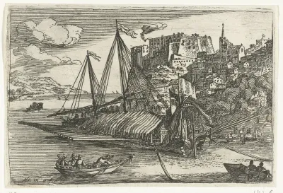 Galei voor anker aan de kade van de haven van Messina