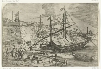 Galei voor anker aan de kade van het fort van Messina