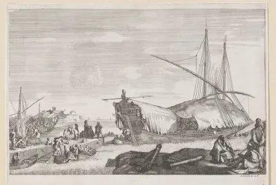 Galeischip met afgedekte brug in de haven van Livorno