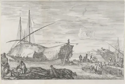 Galeischip met afgedekte brug in de haven van Livorno