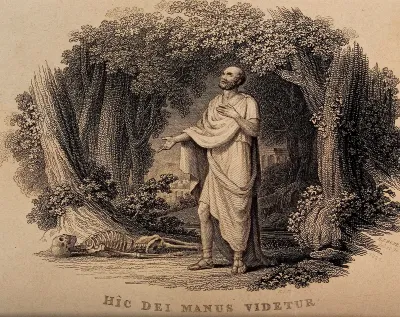Galen, standing in a glade, looks at a human skeleton on the ground