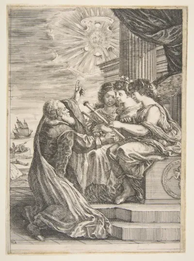 Galileo and personifications of Astronomy, Perspective and Mathematics, frontispiece for 'Opere di Galileo Galilei'
