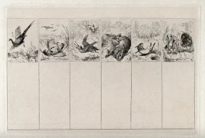 Game and hunting, six separate images: a stricken pheasant falling to the ground; a dead grouse (?); an injured snipe (?); a dead hare; a stricken rabbit; two huntsmen on foot carrying rifles and accompanied by dogs, with a covered horse-drawn wagon 