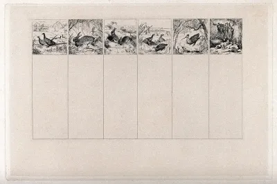 Game and hunting, six separate images: two pheasants; a hare; two rabbits; four grouse (?); a snipe (?); two dogs guard a brace of dead game hanging from the branch of a tree