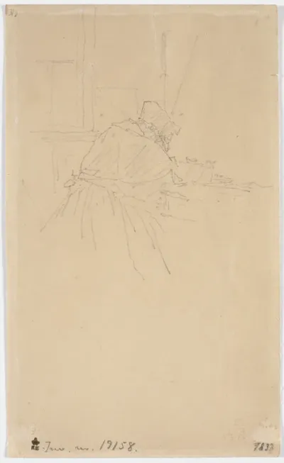 Gammel kone (kunstnerens moder) siddende ved et bord, set bagfra