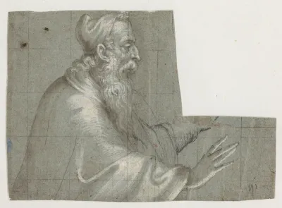 Gammel mand (en doge?), halvfigur, profil t.h. med fremstrakte hænder