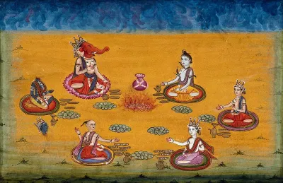 Ganesha, along with five other priests and deities or Kings (?), one beheaded, performs a yagna, a fire sacrifice, an old vedic ritual where offerings are made to the god of fire, Agni