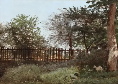 Garden with a goat standing by a large tree, in the background yellow fields.