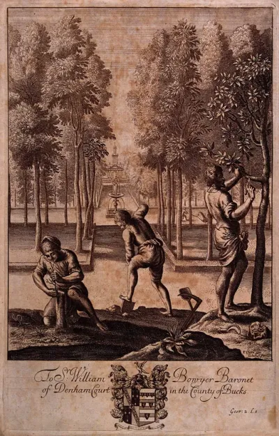 Gardeners at work in the gardens of Denham Court, Buckinghamshire
