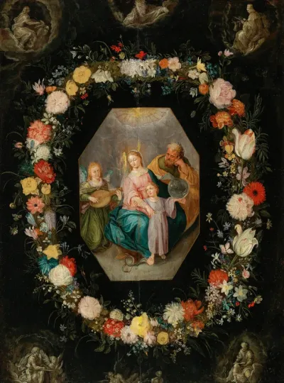 Garland of flowers around a medaillon with the Holy Family and a music making angel