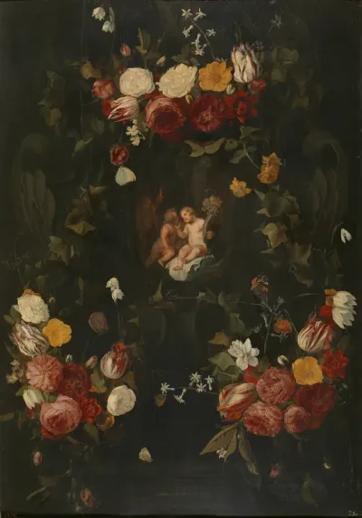 Garland with three putti