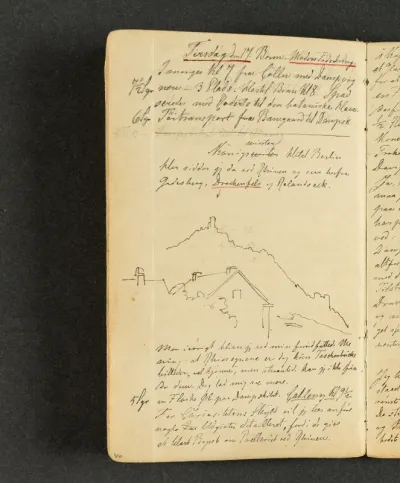 Gavlen af et hus. I baggrunden bjerget Drachenfels