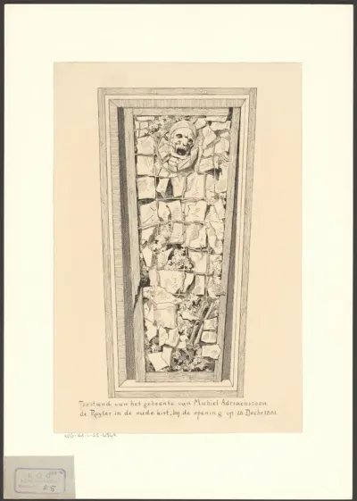 Gebeente van Michiel Adriaenszoon de Ruyter bij opening van de oude kist