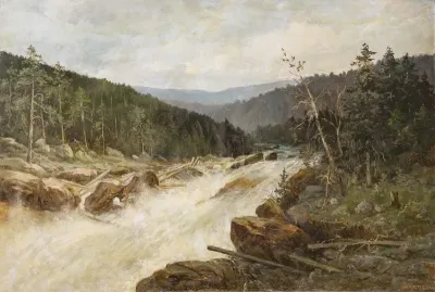 Gebirgsfluss mit Wasserfall in Waldlandschaft