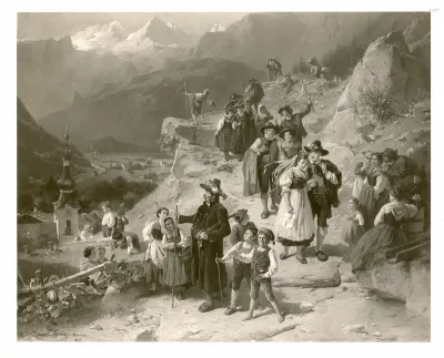 Gebirgslandschaft mit Tiroler Bauernhochzeit