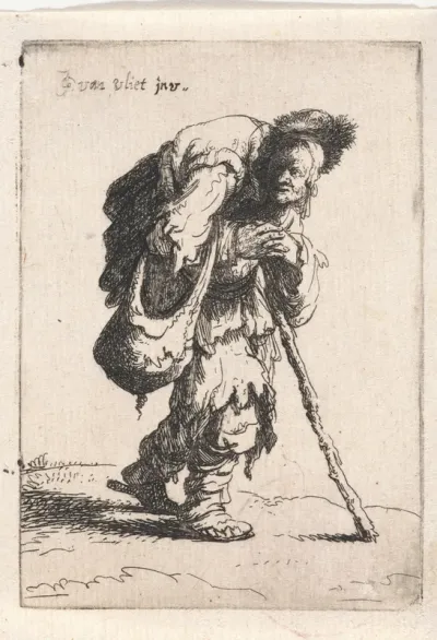 Gebochelde bedelaar met een wandelstok
