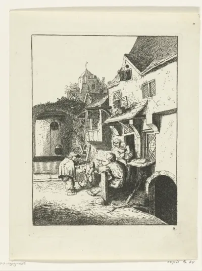 Gebochelde vioolspeler voor een herberg