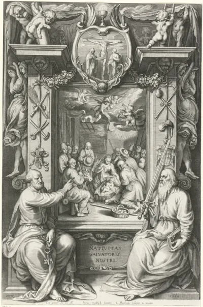Geboorte van Christus, met Petrus en Paulus