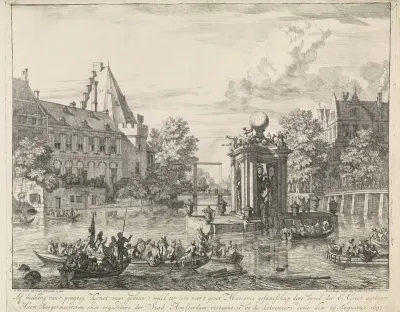 Gebouw voor het vuurwerk ter ere van het bezoek van het Russisch gezantschap aan Amsterdam, augustus 1697