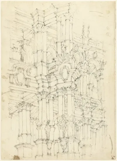 Gedeelte van een rijk gedecoreerd interieur met colonnades