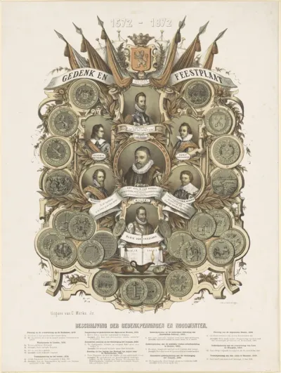Gedenk- en feestplaat met portretten van Willem I, prins van Oranje, zijn zoons Maurits en Frederik Hendrik, prinsen van Oranje, zijn broers Lodewijk, Adolf en Hendrik, graven van Nassau, en Willem Bloys van Treslong