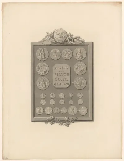 Gedenkplaat met munten uit de tijd van Hendrik VII