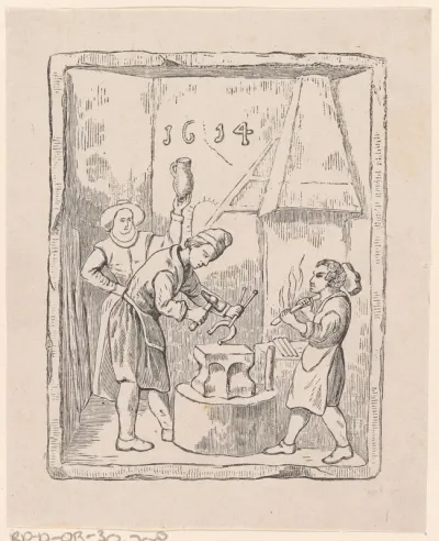 Gedenksteen met daarop drie hoefsmeden en het jaartal '1614'