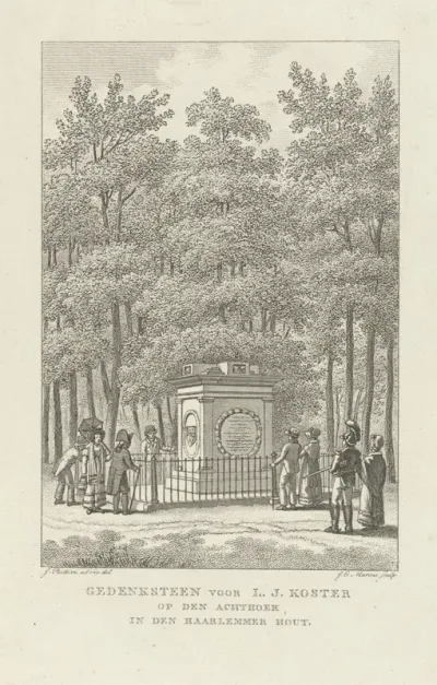Gedenksteen voor Coster bij 400-jarig jubileum uitvinding boekdrukkunst, 1823