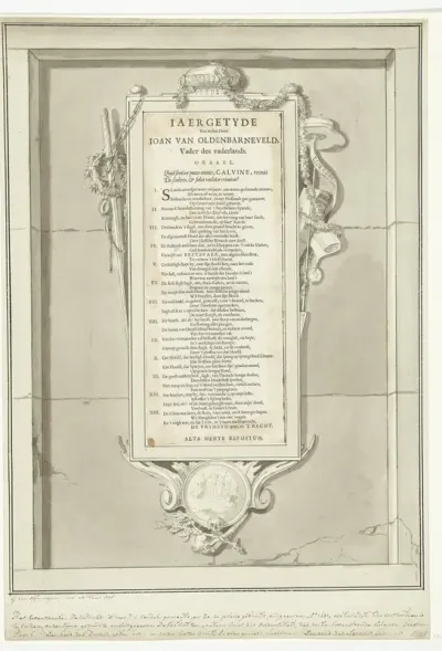 Gedicht ter ere van Johan van Oldenbarnevelt in allegorische omlijsting, 1619
