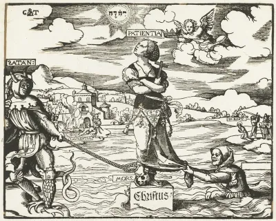 Geduld (Patientia) op een steen in het water